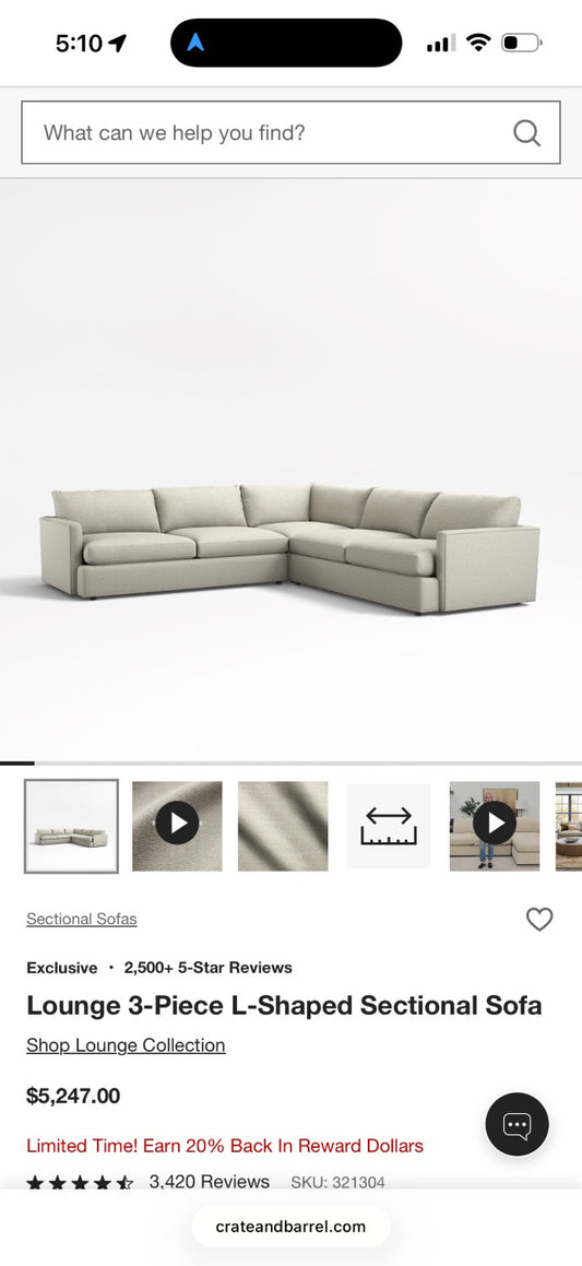 80% OFF Crate and Barrel Deep Lounge Sectional Sofa – Certified Clean + Free OC Delivery