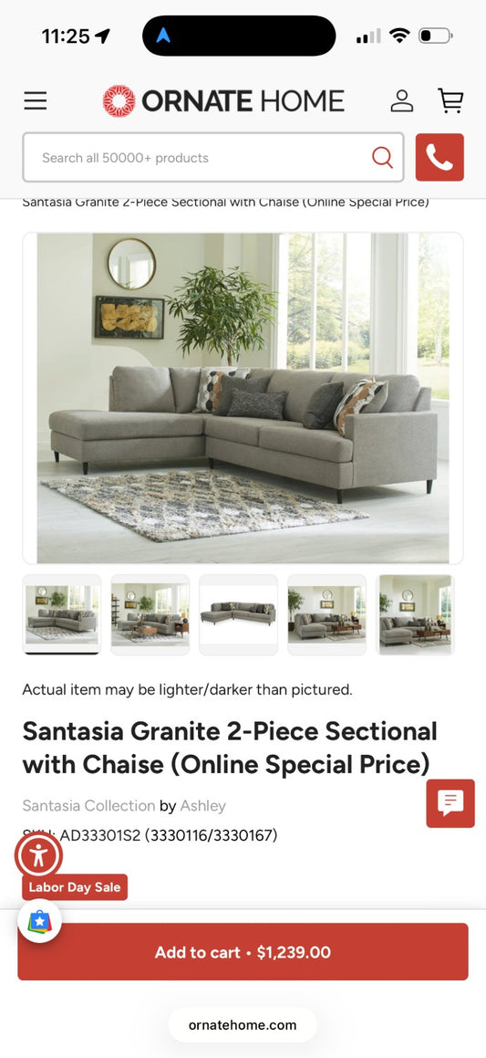 60% OFF Santasia Sectional Sofa with Chaise – Certified Clean + Free OC Delivery