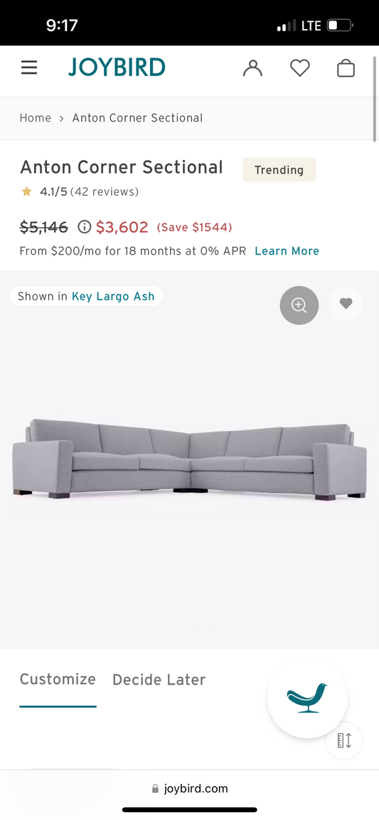 Joybird Anton Blue Velvet Sectional Sofa - (Retails $5,100) Delivery Available!