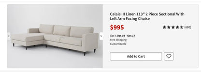 60% OFF Living Spaces Calais Sectional w/ Ottoman  –  Certified Clean + Free OC Delivery