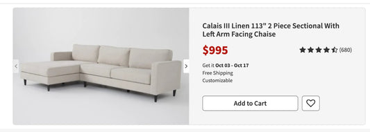 60% OFF Living Spaces Calais Sectional w/ Ottoman  –  Certified Clean + Free OC Delivery