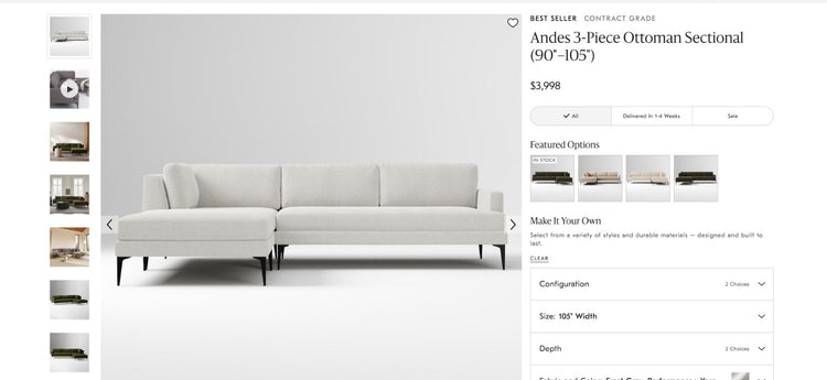 West Elm Andes 3 Piece Sectional Sofa