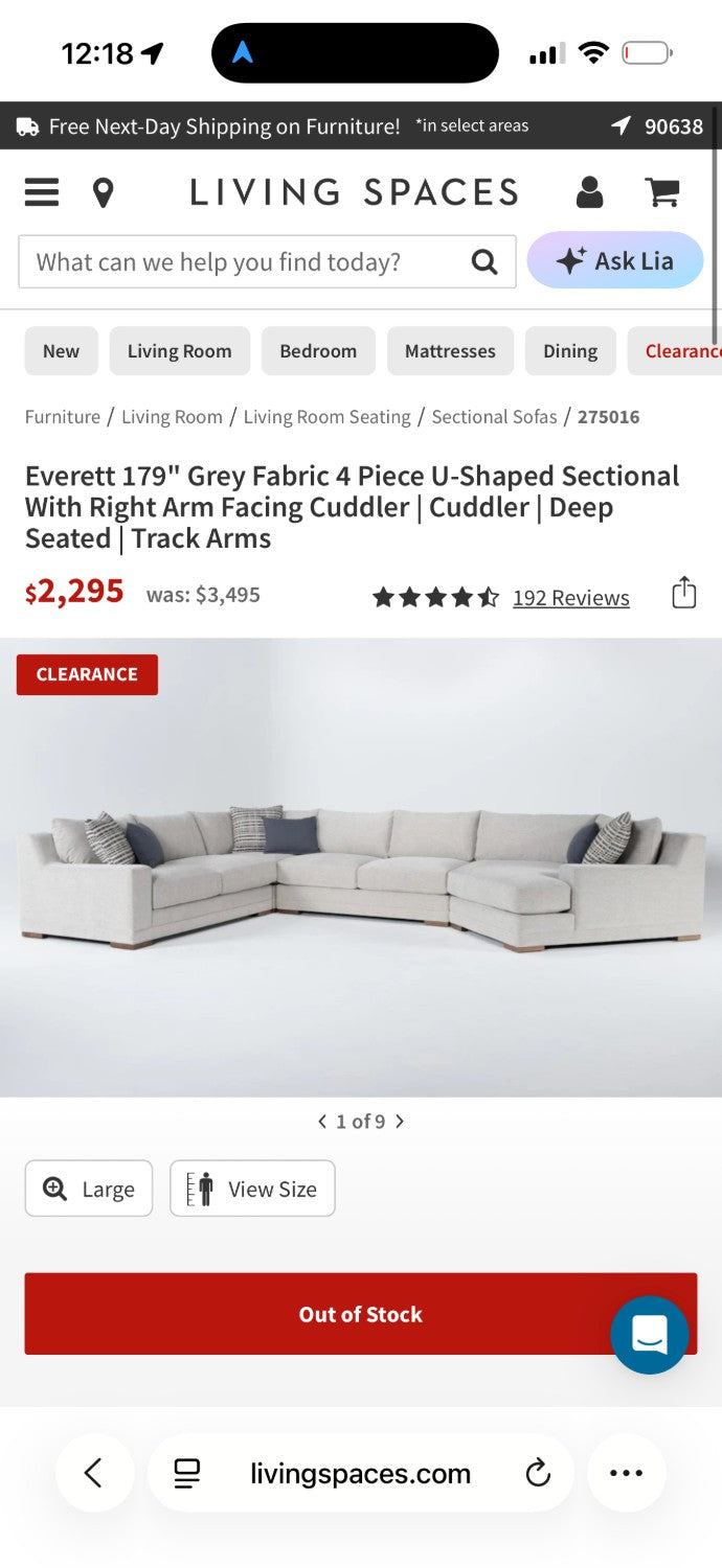 80% OFF Living Spaces Everett Sectional sofa with Cuddler –  Certified Clean + Free OC Delivery