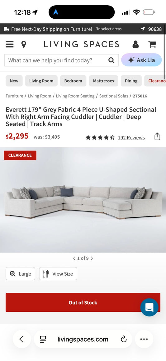 80% OFF Living Spaces Everett Sectional sofa with Cuddler –  Certified Clean + Free OC Delivery